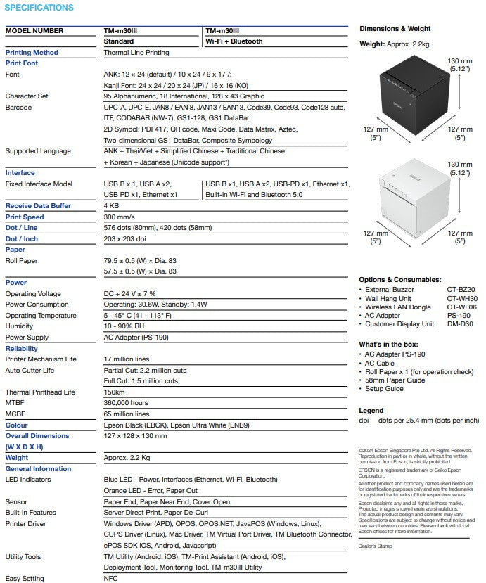 Epson TM-M30III m30 Receipt Printer C31CK50302 / C31CK50342 / USB + Ethernet (Black) / USB + Ethernet + Bluetooth (Black)