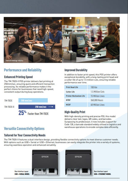 Epson TM-T82X-II 422 /  TM-T82X-II -421 / POS Thermal Receipt Printer - USB-B + Ethernet / Built-in USB + Serial (9pin)